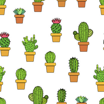 Mixed Cactus And Suculent Pots Handmade Cartoon Ilustration Black Oulined, Vector Seamless Pattern