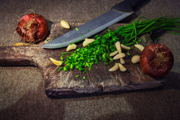 High angle shot of sliced onion chives, garlic, and onions on a wooden chopping board