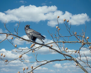 An American crow perched high in the trees. 