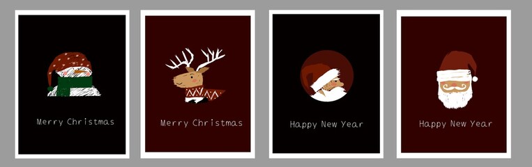 New Year's illustrations. Set of Vector Christmas cards for print, design, invitation, poster, banner.