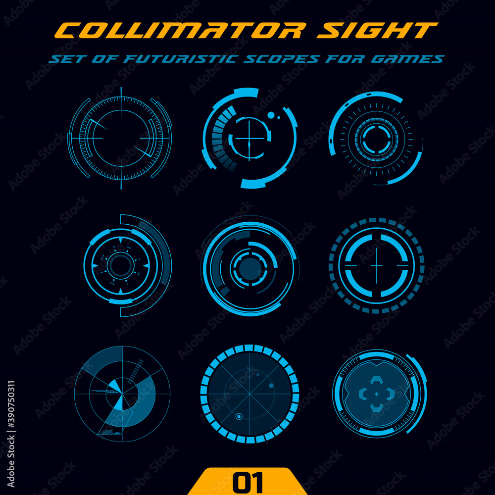 Poster Futuristic circular HUD. Military collimator sights, weapon scopes. Sniper targets and aiming crosshairs. Elements for action games or space simulators.