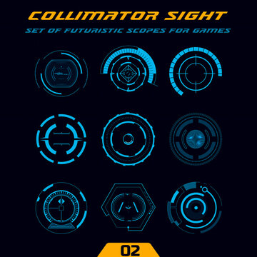 Futuristic circular HUD. Military collimator sights, weapon scopes. Sniper targets and aiming crosshairs. Elements for action games or space simulators.
