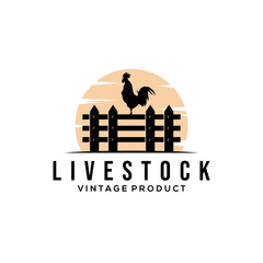 chicken farm Livestock logo vector illustration design, rooster on fence vintage logo design