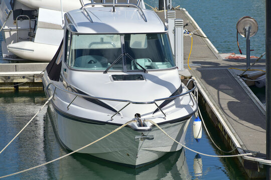 AUCKLAND, NEW ZEALAND - May 17, 2019: View of motor boats parked in Half Moon Bay marina