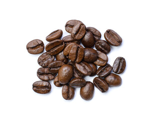 Closeup group of roasted coffee beans isolated on white 