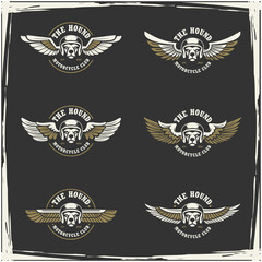 Dog head auto repair and custom Garage logo. Design element for company logo, label, emblem, sign, apparel or other merchandise. Scalable and editable Vector illustration.