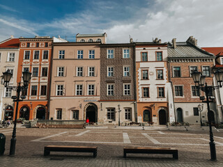 Fototapeta na wymiar Krakow Poland. Old Town, a center without people, a naturally vivid photo of Krakow's architecture.