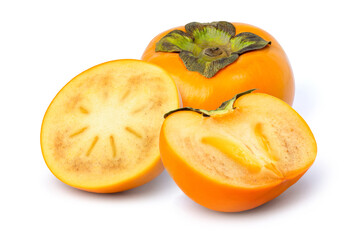 Persimmon or Persimon fruits ( Kaki ) with cut in half slice isolated on white background.