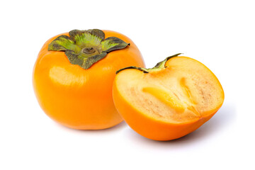 Persimmon or Persimon fruits ( Kaki ) with cut in half slice isolated on white background.