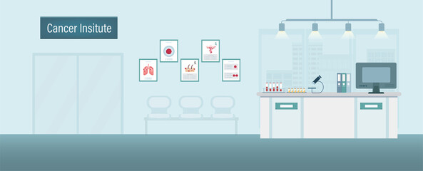 Cancer institute interior with counter and waiting area flat design vector illustration