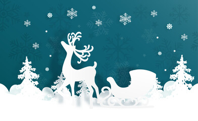 Christmas card with reindeer and Christmas tree. Winter scene in paper cut style