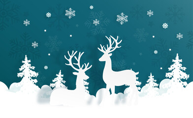 Obraz na płótnie Canvas Christmas card with reindeer and Christmas tree. Winter scene in paper cut style