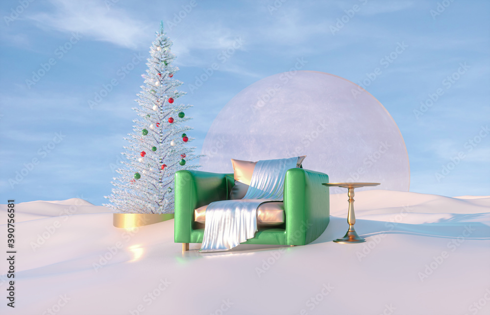 Poster abstract winter christmas scene with geometrical forms in natural day light. 3d render.