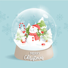 Christmas card with snow globe and snowman, Christmas tree. 