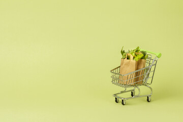 Paper shopping bags with fresh green salad in cart, trolley. Eco food delivery concept,...