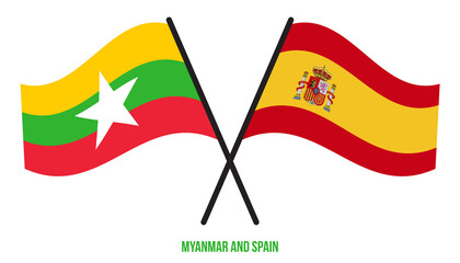 Myanmar and Spain Flags Crossed And Waving Flat Style. Official Proportion. Correct Colors.
