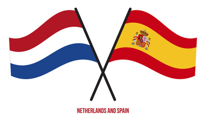 Netherlands and Spain Flags Crossed And Waving Flat Style. Official Proportion. Correct Colors.