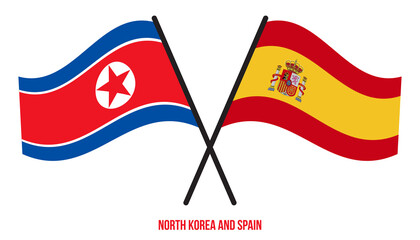 North Korea and Spain Flags Crossed And Waving Flat Style. Official Proportion. Correct Colors.