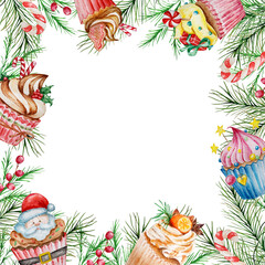 Fototapeta na wymiar Watercolor Christmas frame with winter branches and Christmas cakes