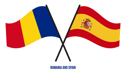 Romania and Spain Flags Crossed And Waving Flat Style. Official Proportion. Correct Colors.