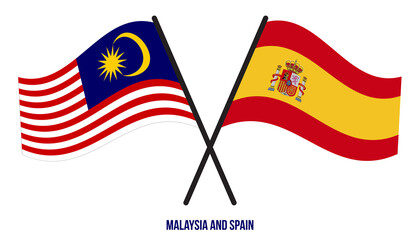Malaysia and Spain Flags Crossed And Waving Flat Style. Official Proportion. Correct Colors.