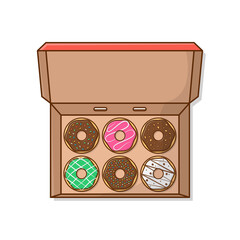 Set of tasty donuts in a box Vector Icon Illustration. Cute, Colorful And Glossy Donuts With Glaze And Powder