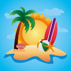 Fototapeta na wymiar hello summer season with sun and icons in beach scene