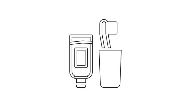 Black line Toothbrush and tube of toothpaste icon isolated on white background. Disposable bathroom supplies. 4K Video motion graphic animation