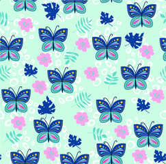 Seamless vector pattern with the image of bright butterflies and floral elements. Trendy background and template for printing on children's fabrics. Hand drawn digital illustration