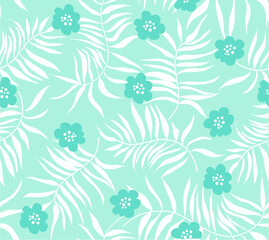 Vector seamless pattern with floral patterns. palm leaves and tropical flowers in a digital ornament. Beautiful tropical background. Pattern for beautiful fabrics