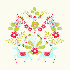 Vector symmetrical illustration with folklore elements. fabulous horses, flowers and plants in a decorative composition. Russian and Slavic folk art.