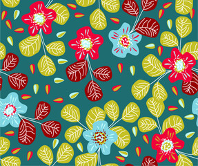 Vector seamless pattern with floral patterns. leaves of grass and flowers in a digital ornament. Beautiful fabulous background. Pattern for beautiful fabrics