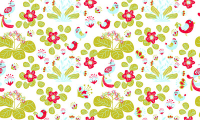 Fototapeta premium Vector illustration with plant leaves and birds in ethnic folk style. Hand drawn picture about a fairy tale. Seamless pattern for fabric and textile design
