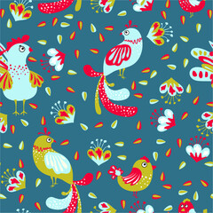 Vector illustration with plant leaves and birds in ethnic folk style. Hand drawn picture about a fairy tale. Seamless pattern for fabric and textile design