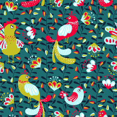 Obraz premium Vector illustration with plant leaves and birds in ethnic folk style. Hand drawn picture about a fairy tale. Seamless pattern for fabric and textile design