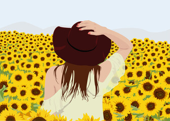 Illustration of a girl standing on sunflower field