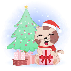 Cute Kitten with gift box and pine tree, Christmas season illustration.