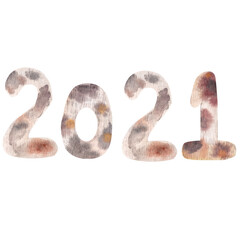 Happy New Year 2021. Numbers in the form of coloring of cows. Numbers template for products, advertisements, web banners, flyers, certificates and postcards. Watercolor illustration.