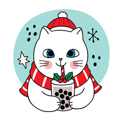 Hand draw cartoon cute Merry Christmas, Cat drink bubble tea vector.