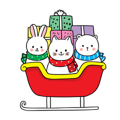 Hand draw cartoon cute Merry Christmas, Animals and gift boxes in sledding vector.