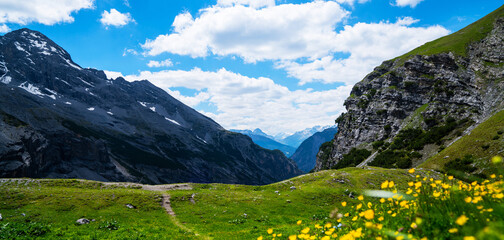 Italy, Stelvio National Park. Famous road to Stelvio Pass in Ortler Alps. Alpine landscape. Panoramic view.