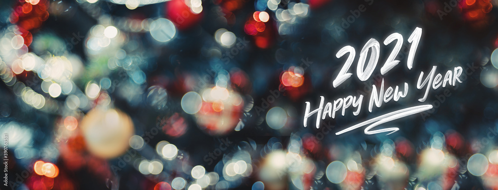 Aufkleber 2021 happy new year word on abstract bokeh of  ball and string lights on xmas tree.holiday celebration greeting card