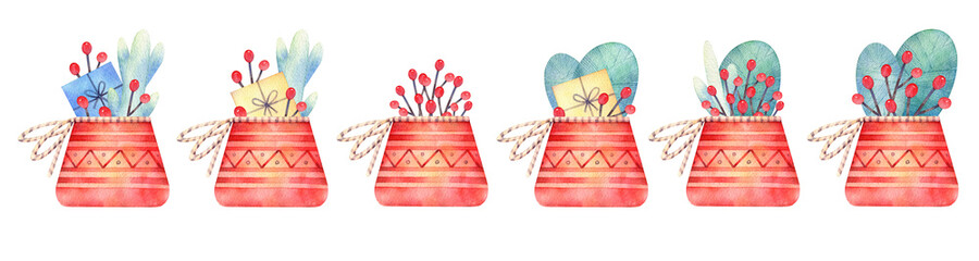 New Year arrangement. Basket decorated with branches, Christmas balls and birds