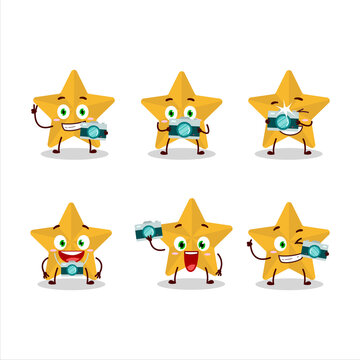 Photographer profession emoticon with new yellow stars cartoon character