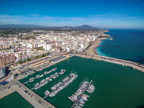 Aerial view of the cityscape near the beach in Vinaros, Castellon, Spain
