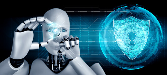 AI robot using cyber security to protect information privacy . Futuristic concept of cybercrime prevention by artificial intelligence and machine learning process . 3D rendering illustration .