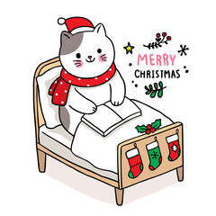 Hand draw cartoon cute Merry Christmas, Cat and sock on the bed vector.