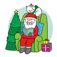 Hand draw cartoon cute Merry Christmas, Santa claus reading book on sofa and cat sleeping vector.