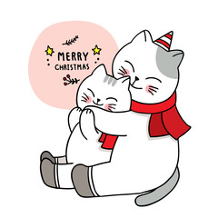 Hand draw cartoon cute Merry Christmas, Cats hugging vector.