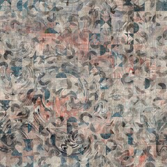 Chic formal grungy geometric shapes texture seamless pattern. High quality illustration. Strange abstract geo design in a trendy posh exotic style. Grainy fabric texture overlay.